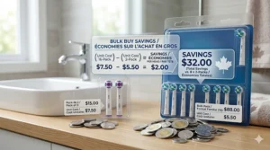A cost-comparison graphic showing the savings of buying a 16-pack bulk set of Oral-B heads versus smaller packs, featuring Canadian currency.