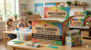 Detailed illustration showing a 100-count preschool toothbrush bulk pack with individually wrapped brushes for sanitary storage in schools.