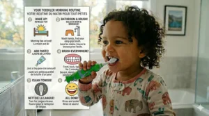 A playful step-by-step visual guide of a morning routine featuring an easy grip toothbrush for toddlers.