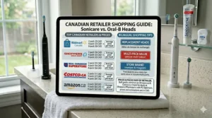 Bilingual Canadian shopping guide for identifying Sonicare and Oral-B replacement heads (têtes de brosse de rechange) at local pharmacies.