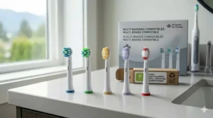 Illustration of color-coded multi-brand compatible brush heads, ideal for Canadian families sharing a single power handle.