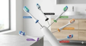 Diagram showing how generic electric toothbrush heads fit major brand handles available in Canada.