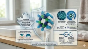 A visual demonstration of bacteria protection technology on CrossAction bristles with a Canadian maple leaf shield icon.