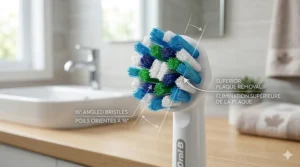 Close-up technical illustration of Oral-B CrossAction bristles angled at 16 degrees for superior plaque removal with bilingual labels.