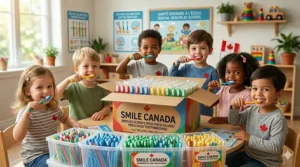 A classroom storage rack filled with toothbrushes from a preschool toothbrush bulk pack, labeled for student use in a Canadian nursery.