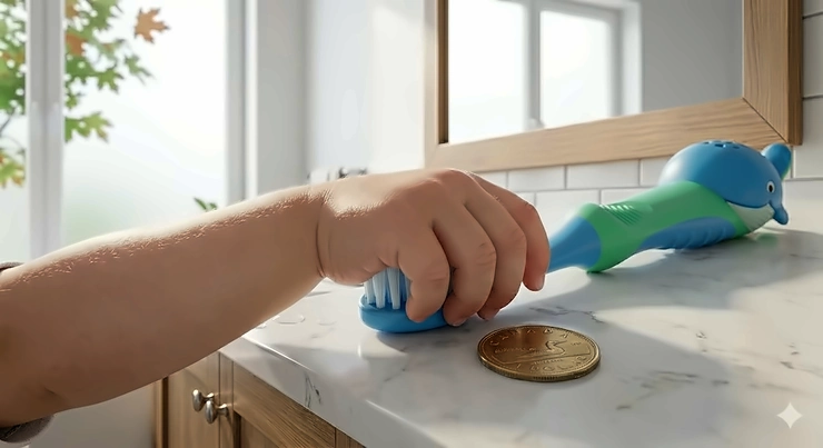 A Canadian toddler independently using an easy grip toothbrush in a sunlit bathroom, promoting early dental hygiene and fine motor skills.