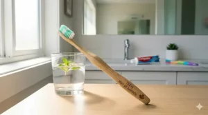 Eco-conscious bamboo toothbrush for teenagers sitting next to a glass of water, highlighting sustainable dental care in Canada.