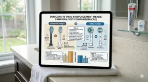 Infographic comparing the cost in Canadian Dollars for Sonicare vs Oral-B replacement heads at major retailers like Shoppers Drug Mart and Walmart Canada.