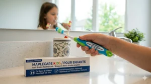 Detailed illustration of a child's hand showing the non-slip ergonomic grip on a toothbrush for an 8 year old.