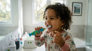 Close-up of a wide, non-slip ergonomic handle on an easy grip toothbrush for toddlers, designed for small hands.