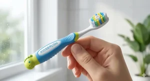 Illustration showing the ergonomic handle and soft bristles of a toothbrush for 4 year old children, designed for small hands.