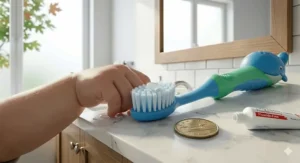 Visual guide showing the correct rice-sized or pea-sized amount of toothpaste for a Canadian toddler.