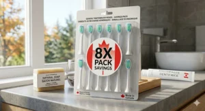 Illustration of an 8-pack of generic replacement heads for Sonicare, highlighting cost-effective dental solutions for Canadians.