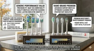 Side-by-side comparison of generic replacement heads for Sonicare and name-brand versions, emphasizing value for Canadian shoppers.