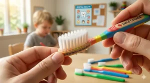 Cross-section illustration highlighting the extra-soft bristles of a toothbrush from a preschool bulk pack, designed for sensitive young gums.