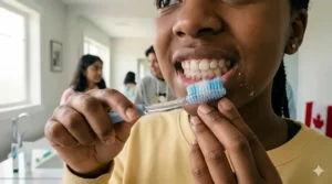 Technical illustration showing soft toothbrush bristles gently cleaning a teenager’s gum line to prevent gingivitis.