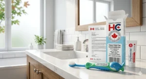 Illustration of a toothbrush meeting Health Canada safety standards for kids aged 24 months.