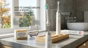 Step-by-step graphic showing how to easily snap a generic replacement head onto a Sonicare handle.