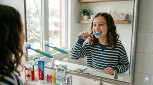 Detailed illustration showing a small interdental brush head cleaning difficult spots between orthodontic wires and teeth.