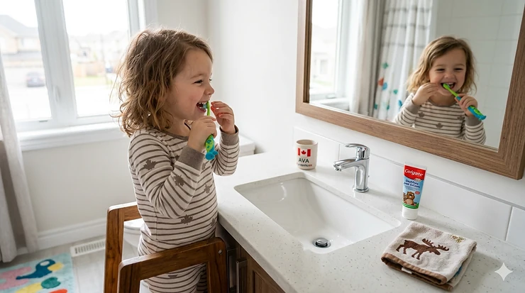 A happy 4-year-old child in striped pajamas uses a small, green toothbrush while standing on a step stool in a sunlit bathroom.