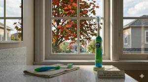 Side-by-side comparison of a manual and an electric toothbrush for an 8 year old on a clean quartz countertop.