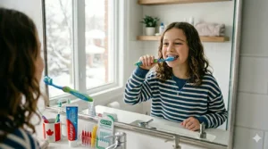 Illustration of a young student in Canada getting ready for school by cleaning their braces with a colorful orthodontic brush.