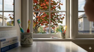 An 8-year-old brushing their teeth with a view of a Canadian maple tree through the window, emphasizing daily habits.
