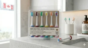 A multi-pack of generic electric toothbrush heads with color-coded rings for family organization.