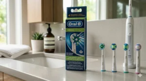 Illustration of Oral-B CrossAction replacement head bristles angled at 16 degrees for superior plaque removal.
