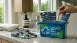 Illustration of Oral-B replacement heads being recycled through a Canadian-based sustainability initiative with bilingual signage.