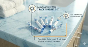 Oral-B kids replacement brush heads pack featuring bilingual English and French Canadian labeling and safety instructions.