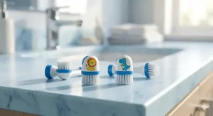 Illustration of the oscillating round brush head from the Oral-B kids replacement pack effectively removing plaque from a child's tooth.