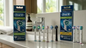 Illustration of a cost-effective 8-pack of Oral-B replacement heads for Canadian families.