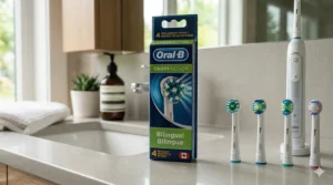 Close-up of Oral-B replacement heads packaging featuring English and French text for the Canadian market.