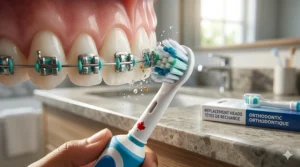 Technical illustration of orthodontic brush head bristles effectively cleaning around metal brackets and wires.