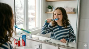 Illustration of a toothbrush package with bilingual English and French text: "Orthodontic Toothbrush / Brosse à dents orthodontique."
