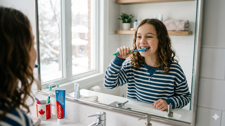 A Canadian child smiling in a bright bathroom while using a specialized orthodontic toothbrush for kids with braces.