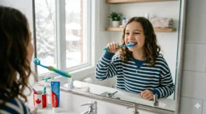 Close-up illustration of V-trim bristles on an orthodontic toothbrush for kids with braces, designed to clean around brackets.