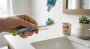 A diagram illustrating the correct pea-sized amount of fluoride toothpaste on a toothbrush for 4 year old toddlers, with EN/FR labels.