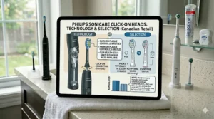 Close-up of Philips Sonicare click-on brush head types including DiamondClean and Premium Plaque Control options sold in Canada.