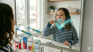 Illustration of a portable orthodontic toothbrush for kids with braces inside a travel case for use at Canadian schools.