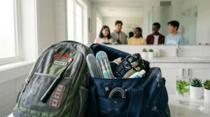 A compact toothbrush for teenagers tucked into a hockey gear bag or school backpack, emphasizing on-the-go hygiene.