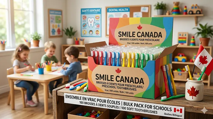 A colorful preschool toothbrush bulk pack featuring 72 soft-bristle brushes for Canadian daycare centers and early childhood educators. cost-effective dental supplies