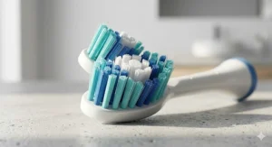 Close-up of soft, high-quality bristles on a generic electric toothbrush head for sensitive gums.