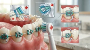 Close-up illustration of soft, multi-length bristles on an orthodontic brush head designed for sensitive gums and braces.