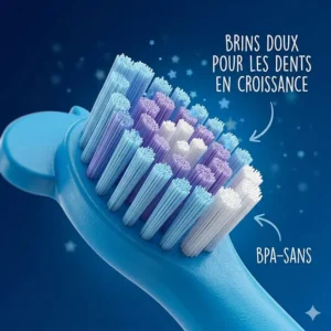Illustration highlighting the soft, BPA-free bristles of a Sonicare kids replacement head with a character design, ideal for sensitive growing teeth.