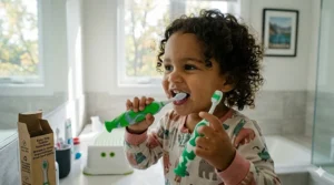 Illustration of extra-soft tapered bristles on a toddler toothbrush to protect sensitive Canadian gums during winter dryness.