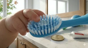 Illustration highlighting extra-soft tapered bristles to protect a 2-year-old's tooth enamel.