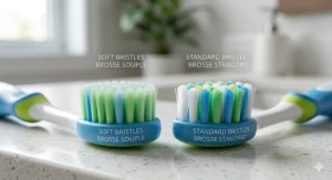 A 4K photorealistic close-up illustration comparing soft vs. standard bristles, highlighting the gentle texture and specific color pattern suitable for a 4-year-old's oral health.