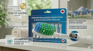 Eco-friendly cardboard packaging for a Sonicare replacement heads 8 pack with "Shipping Across Canada" and "Expédition Partout au Canada" labels.